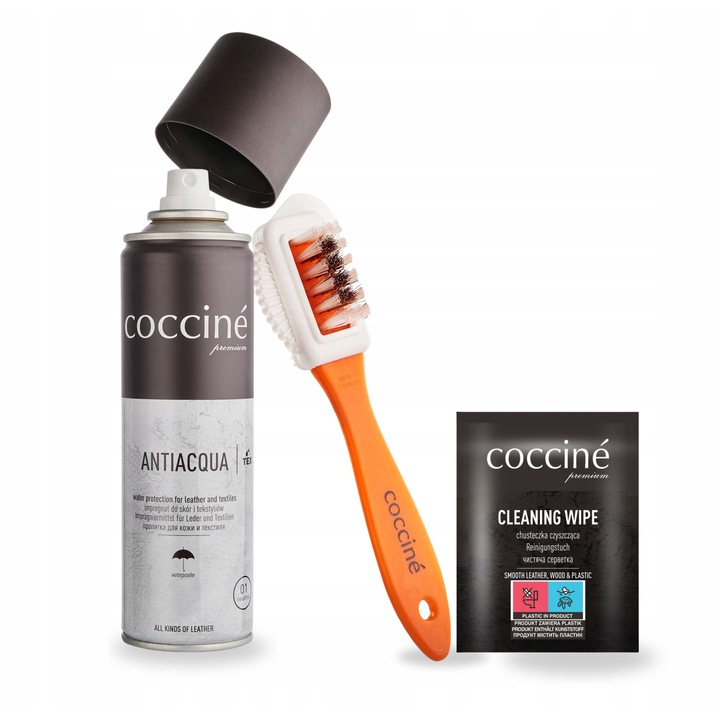 Kit de curatare a incaltamintei, Coccine, Servetel de curatare a pielii, Perie pentru piele intoarsa si nubuc, Impregnare Antiacqua 150 ml, 1 bucata, Indepartare eficienta a murdariei, Protectie impotriva umezelii, Aplicare convenabila, Sigur pentru