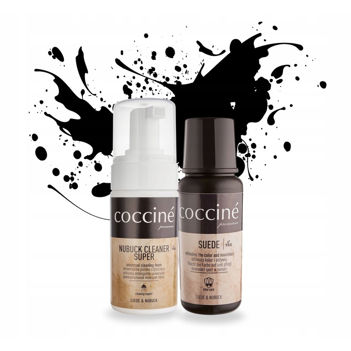 Set de ingrijire pentru piele intoarsa si nubuc, Coccine, reparator negru 75ml, spuma de curatare 100ml, reimprospateaza culoarea, protejeaza impotriva decolorarii, hraneste pielea, sigur pentru membranele tex, Multicolor, set de 2, material: lichid