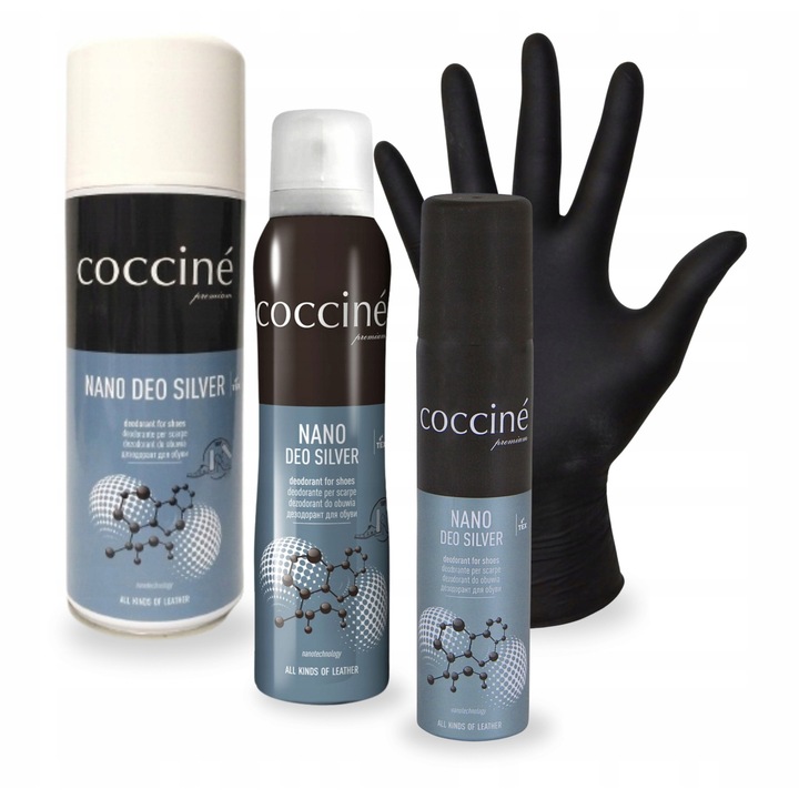 Set deodorant pentru incaltaminte, Coccine, Nano Deo Silver, pachet de 4, 400ml, 150ml, 75ml, manusi din nitril, antibacteriene, de lunga durata, universale, negre, setul include: 2 deodorante x 400ml, 1 deodorant x 150ml, 1 deodorant x 75ml, manusi din