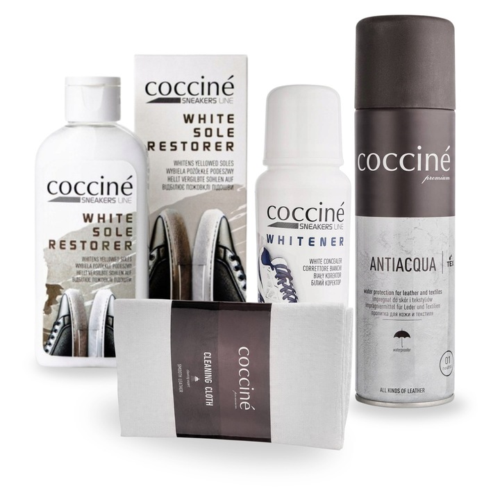 Kit de curatare si impregnare pentru adidasi, Coccine, 4 in 1, 150 ml, 75 g, 250 ml, restaurare culoare, curatare, impregnare, Multicolor, setul include: 150 ml preparat pentru restaurarea talpilor albe, 75 g corector pentru incaltaminte, laveta de