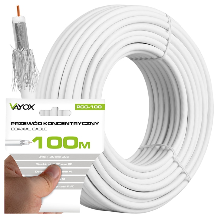 Cablu antena TV coaxial Vayox RG6U 100m PCC-100, Alb