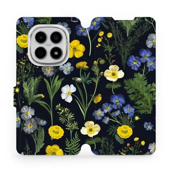 Калъф флип Mobiwear за Xiaomi Redmi Note 15 4G, елегантен дизайн с цветя, черен, екологичен материал