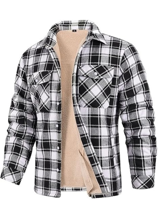 Jacheta Tip Camasa pentru Barbati – Captusita cu Fleece Sherpa, Calduroasa, Model in Carouri Negru cu Alb, Negru | Alb