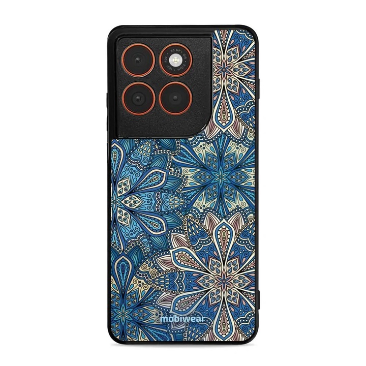 Husa telefon Mobiwear Glossy, Motorola Edge 70, albastra, design flori, rezistenta la socuri si zgarieturi