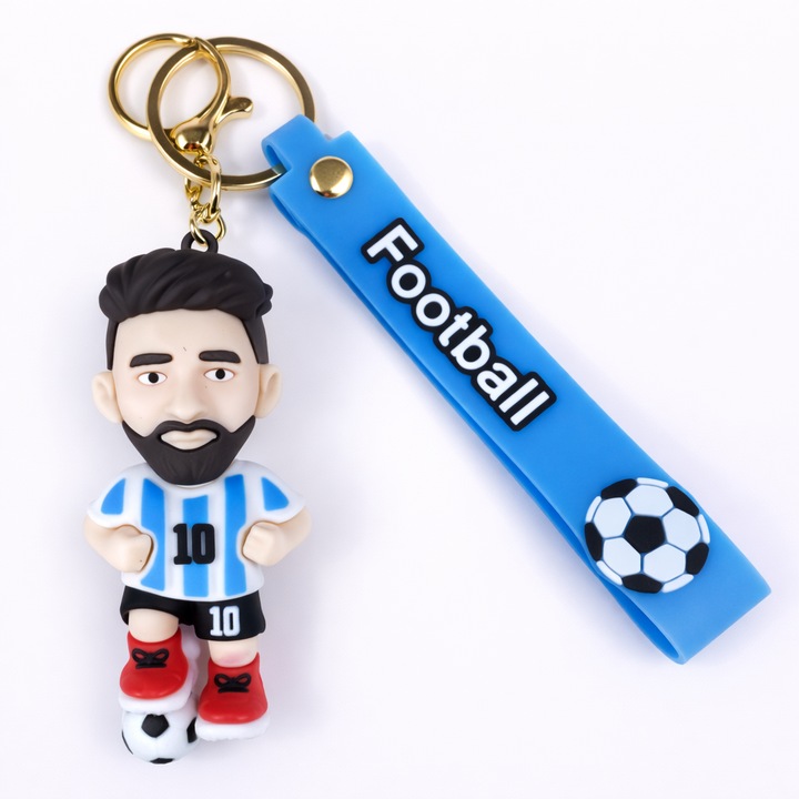 Breloc pentru Chei si Ghiozdan, Jucator de Fotbal Stil Cartoon, Silicon + PVC, Albastru, Model Football