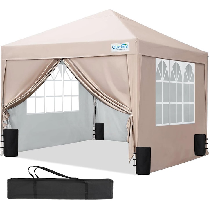 Pavilion pliabil Quictent 3x3m, impermeabil, cu 4 panouri laterale, bej, set complet