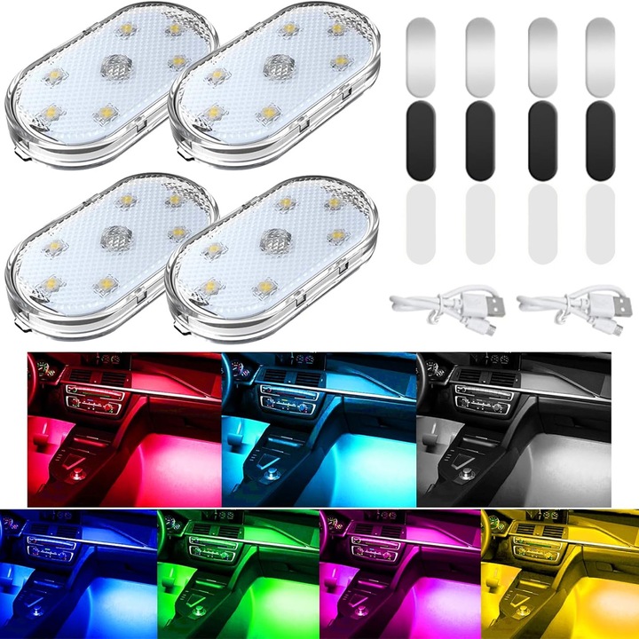 Set de 4 Lumini Ambientale Auto, FooFoony, RGB, Reincarcabil USB-C, Multicolor