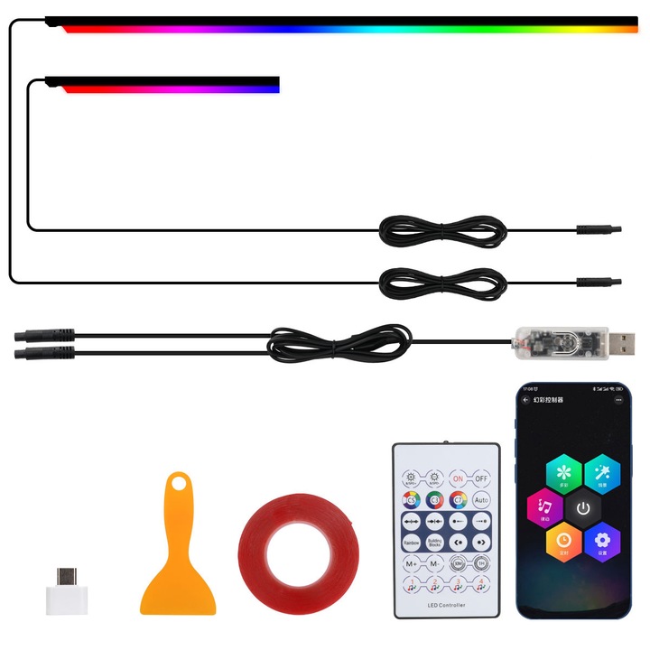 Set 2 Benzi LED Ambientale Auto FooFoony, 110cm + 30cm, Flexibile, USB, Multicolor