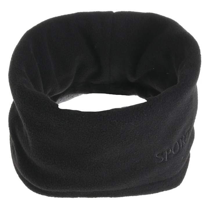 Fular circular barbatesc, fleece negru, captuseala blana sintetică gri, imprimeu sport, 26cm