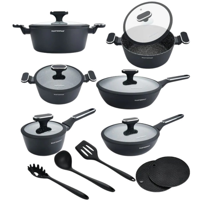 Un set de 15 piese de oale din marmura neagra cu strat de granit, complet cu tigai, o cratita si ustensile Masterpan