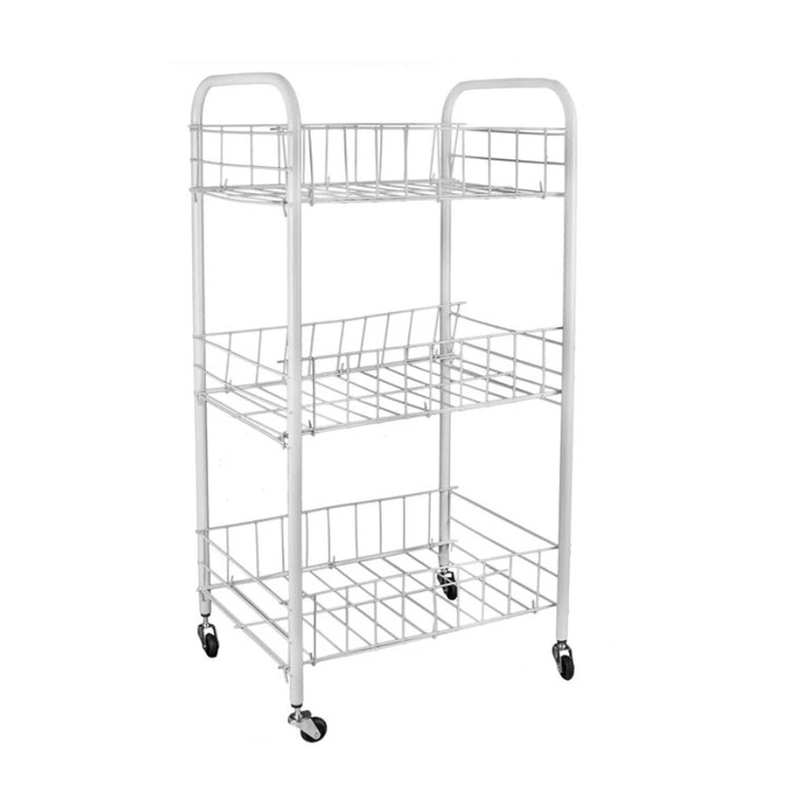 Etajera Metalica Alba cu Roti pe 3 Nivele 34x26x70cm