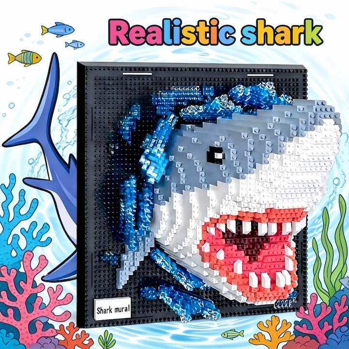 Set de blocuri de constructie cu rechini pentru decoratiuni murale, Excitat®, Un set de decoratiuni murale pentru adultii pasionati de hobby uri creative, jucarii, cadouri pentru copii si adulti, Multicolor