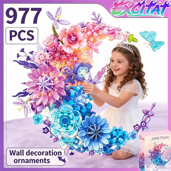 Set de Constructie Floral "Luna Mov” – 977 Piese, Excitat®, Relaxare Creativa si Mindfulness, Decor pentru casa, Decoratiuni de masa sau de perete, Colectia Botanica, din ABS Ecologic, Jucarie Creativa pentru Copii 6+ si Adulti, Cadou Ideal, Multicolor