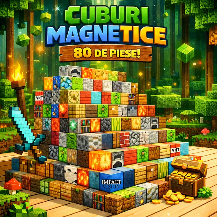 Set de constructie magnetic 80 piese, Impact Vision, cuburi magnetice