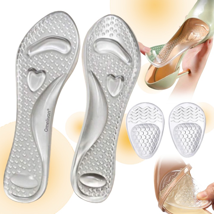 O pereche de branturi pentru pantofi cu toc inalt + o pereche de tampoane antiderapante pentru partea din fata a piciorului, Omelivon®, branturi autoadezive din silicon moale, amelioreaza durerea, sustin arcadele inalte, potrivite pentru sandale de vara