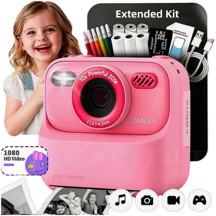 Aparat Foto Instant Copii, Excitat®, Zoom 16x, Inregistrare 1080P HD, Functii Foto, Printare, Camere duale Functia selfie, ecran 2.4 inch, Jocuri Interactive, MP3 Player, blitz, 6x Role Hartie, 6x Carioci Colorate si Stickere incluse, 32GB Card SD, Roz