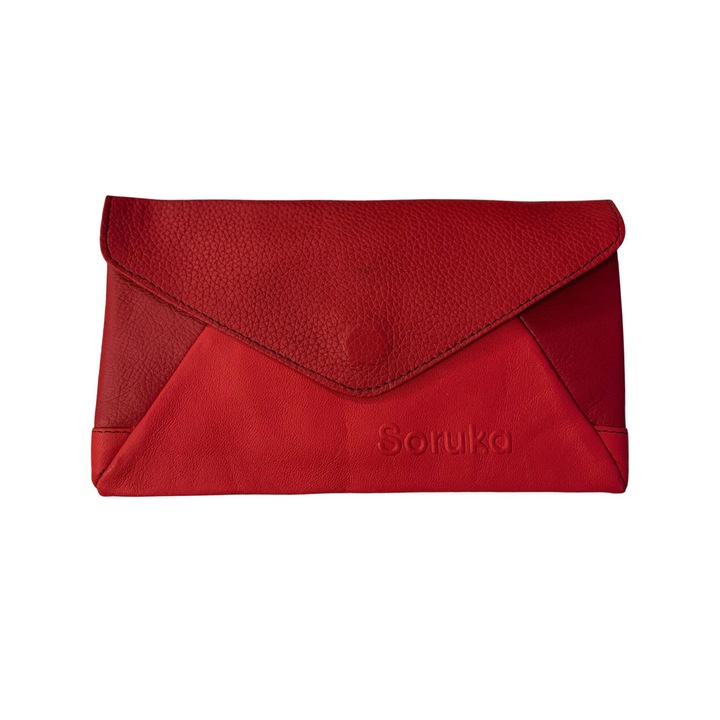 Plic Soruka din piele naturala reciclata, rosu, design triunghiular, compartimentat
