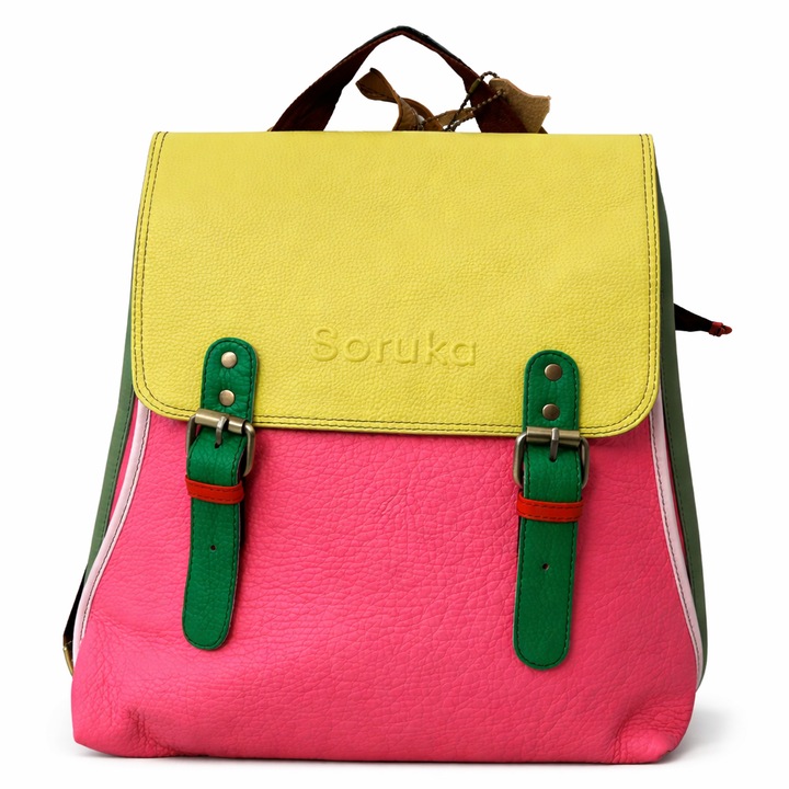 Rucsac femei Soruka, galben cu roz, barete reglabile maro, dimensiuni spatioase