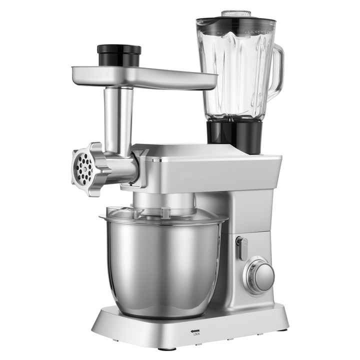 Mixer planetar cu bol, 1300 W, 6 viteze, inox, 4.3 L, argintiu, multifuntional