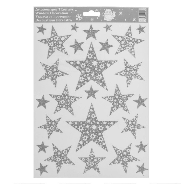 Autocolante Decorative de Craciun Stele cu Glitter Argintiu 20x30cm