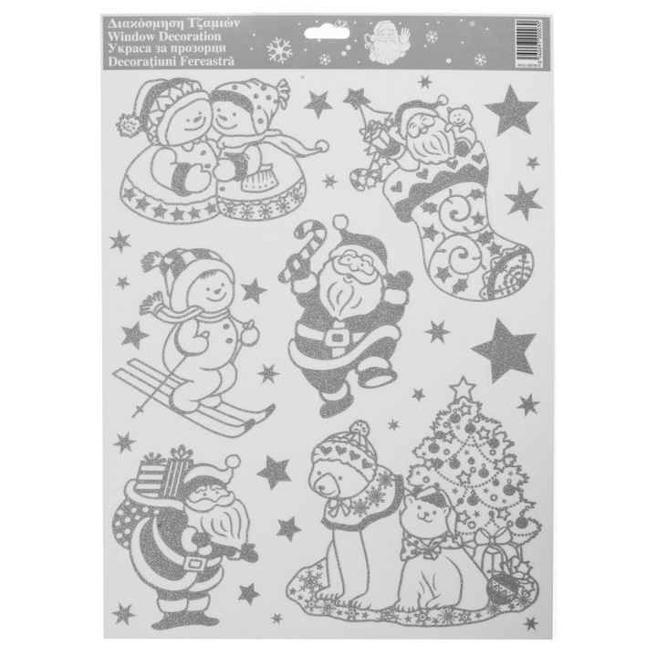 Autocolante Decorative de Craciun Figurine cu Glitter Argintiu 30x42cm