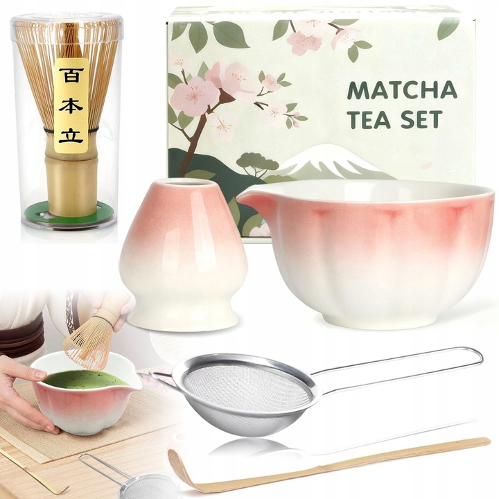Set de ceai matcha 5 piese, ceramica roz si alb, bol 12, 7x7, 8cm, bambus