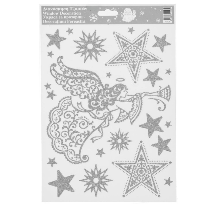 Autocolante Decorative de Crăciun Inger & Stele cu Glitter Argintiu 20x30cm