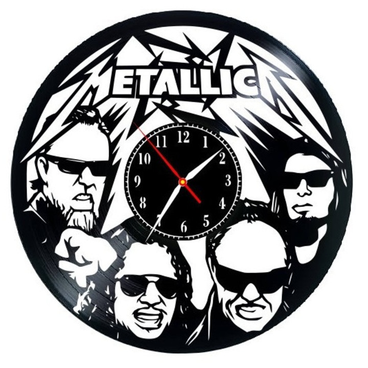 Стенен Часовник Metallica, Дизайн Силуети на Членове и Емблематично Лого, Ръчно Изработен от Рециклирана Винилова Плоча, Рок Подарък, 30x30 см