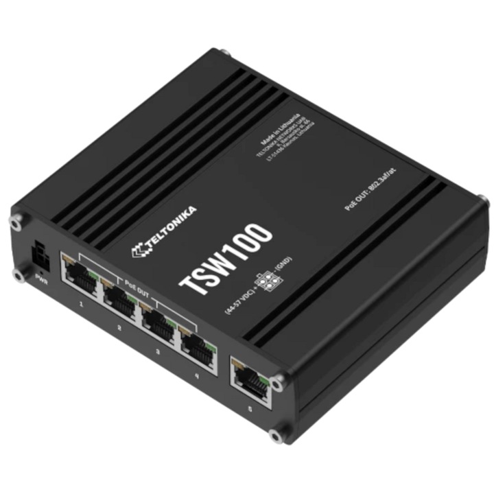 Switch Industrial TELTONIKA NETWORKS TSW100 fara Management 5 x Gigabit Ethernet PoE+ Negru