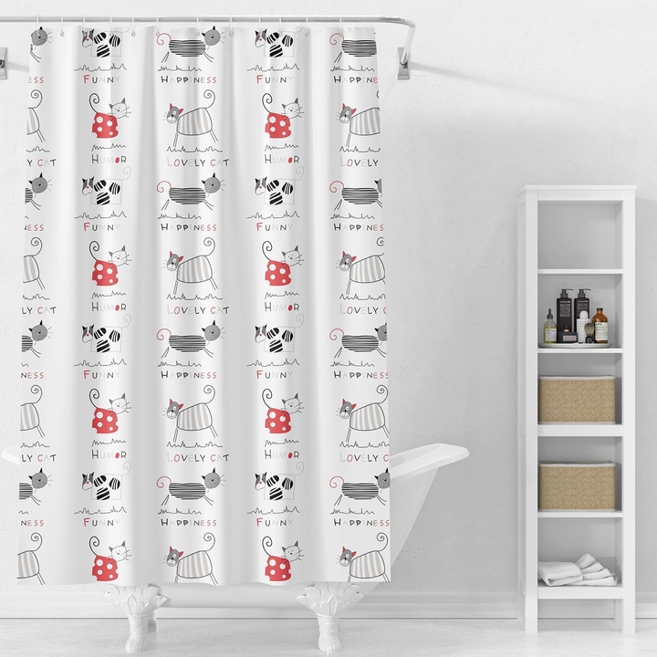 Perdea de dus Domax, imprimeu Pisica salbatica, Alb-rosu stralucitor, 180x180cm, impermeabila, cu carlige