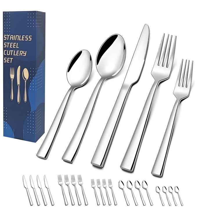 Set de 20 Tacamuri din Inox, Hokitpro set de tacamuri alimentare inclusiv cutit, furculita, lingura, suprafata neteda, 20 Piese, Fezistent la masina de spalat vase, Argintiu