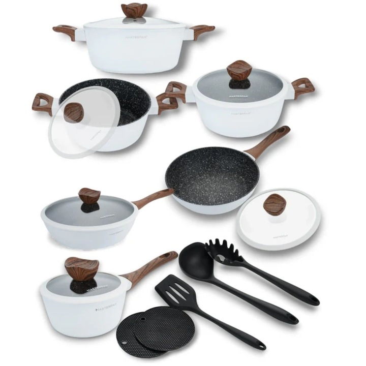Un set de 15 piese de oale din marmura alba cu strat de granit, complet cu tigai, o cratita si ustensile MasterPan