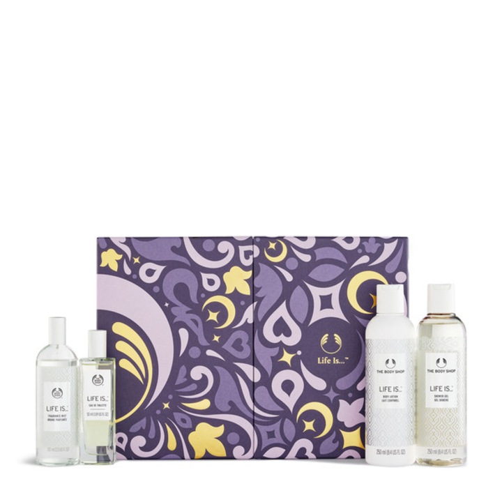 Set cadou The Body Shop Life Is..., gel de dus 250ml, lotiune de corp 250ml, spray de corp 100ml, apa de toaleta 50ml