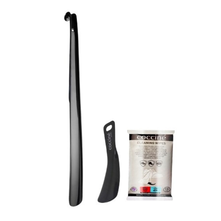 Set 3 in 1, Coccine, Incaltator lung 60 cm si scurt 15 cm, Negru, Servetele de curatare 15 buc, Plastic, Faciliteaza incaltarea, Calitate superioara a lucrarii, Ambalaj compact cu servetele