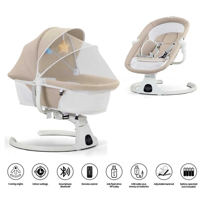 Leagan Electric, Balansoar si patut pentru bebelusi, 3 Trepte Balans, Muzical, Conexiune Bluetooth, Telecomanda, Jucarii de Plus, Cu Acoperis Rabatabil si Plasa insecte