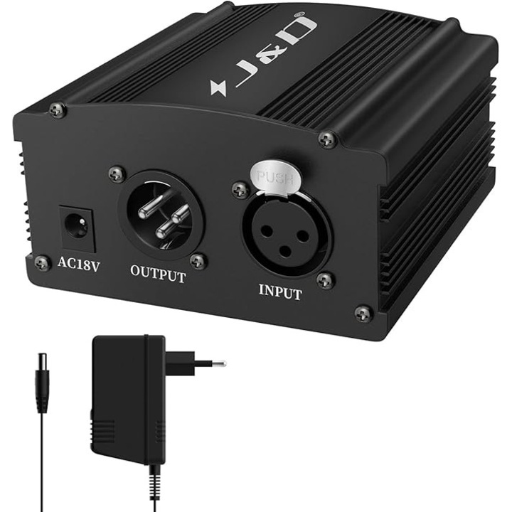 Alimentator J&D 48V Phantom, 1 canal, negru, pentru microfoane cu condensator