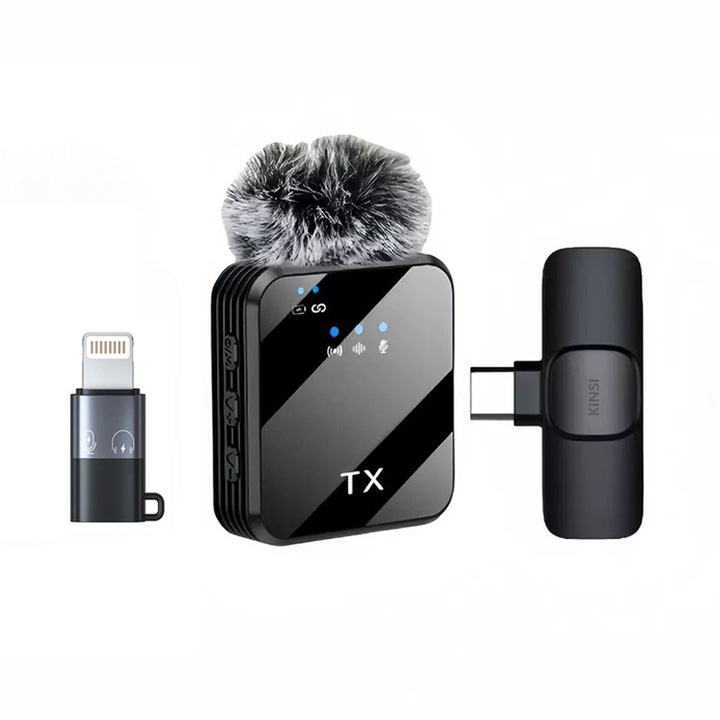 Microfon Lavaliera Wireless, KINSI, Reducere Zgomot, Portabil, Negru