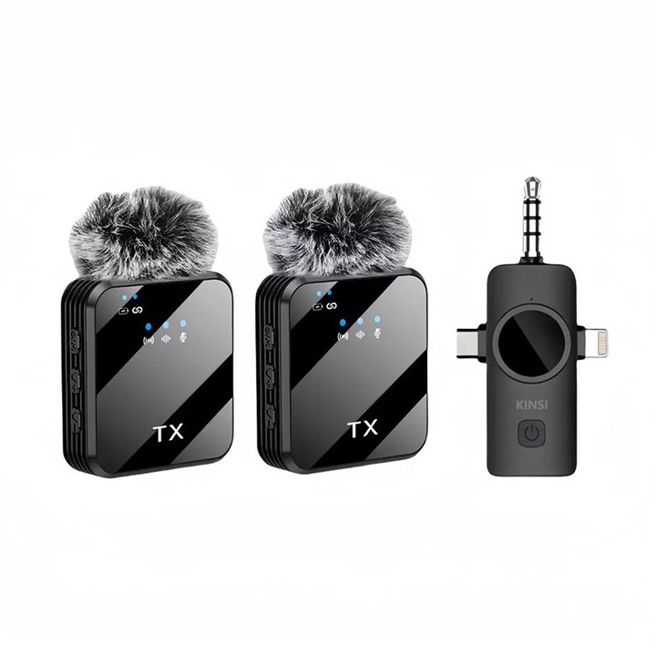 Set 2 microfoane lavaliera wireless KINSI, reducere zgomot, portabil, negru