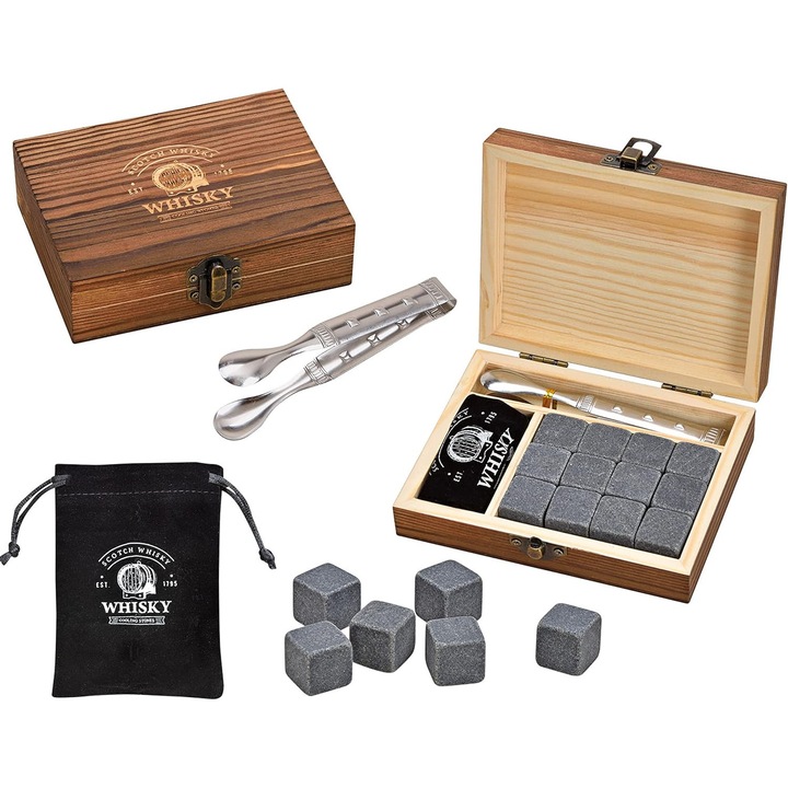 Set cadou pentru whisky, WOMA, 12 cuburi din bazalt, cleste din otel inoxidabil, cutie din lemn