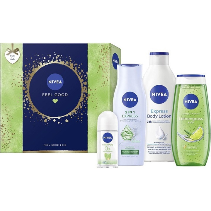 Set cadou Nivea Feel Good, gel de dus 250ml, lotiune de corp 400ml, deodorant roll-on 50ml, sampon 2 in 1, multicolor