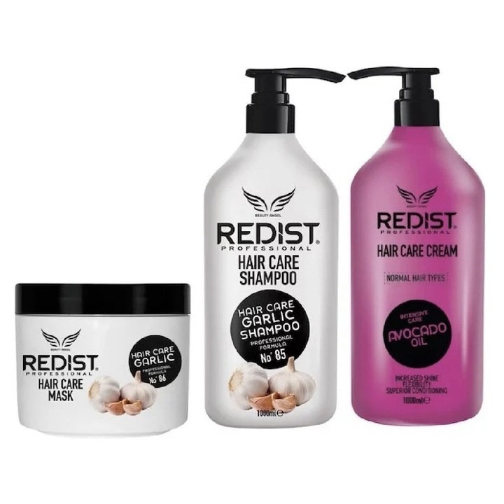 Set sampon cu usturoi 1000 ml, masca cu usturoi 475 ml, balsam cu avocado 1000 ml, Redist, pentru toate tipurile de par