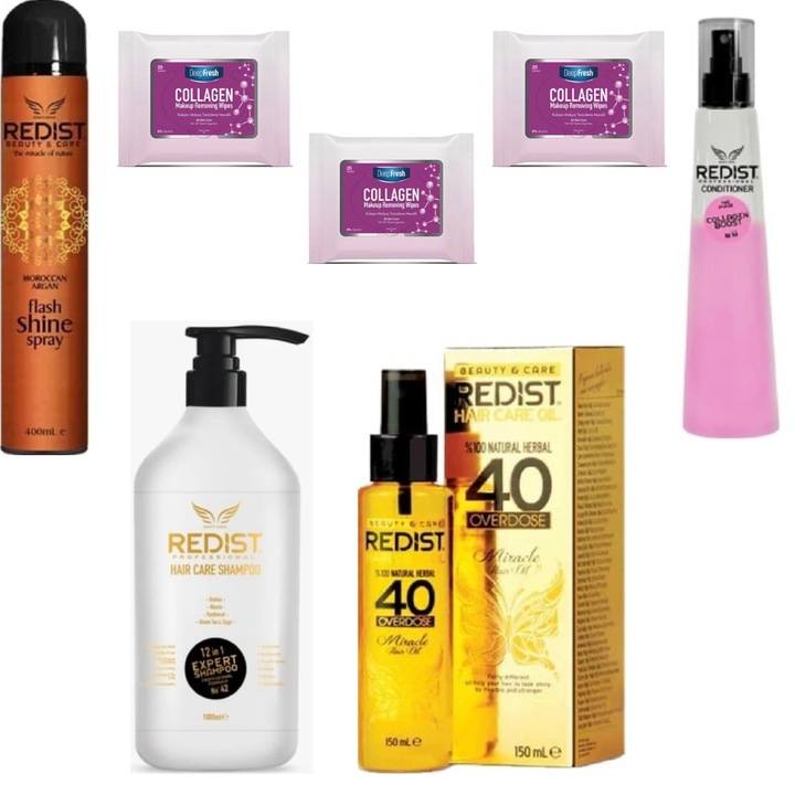 Set îngrijire păr Redist, șampon 100ml, balsam bifazic 225ml, tratament 150ml, fixativ 400ml, cadou 3 pachete șervețele make-up cu colagen
