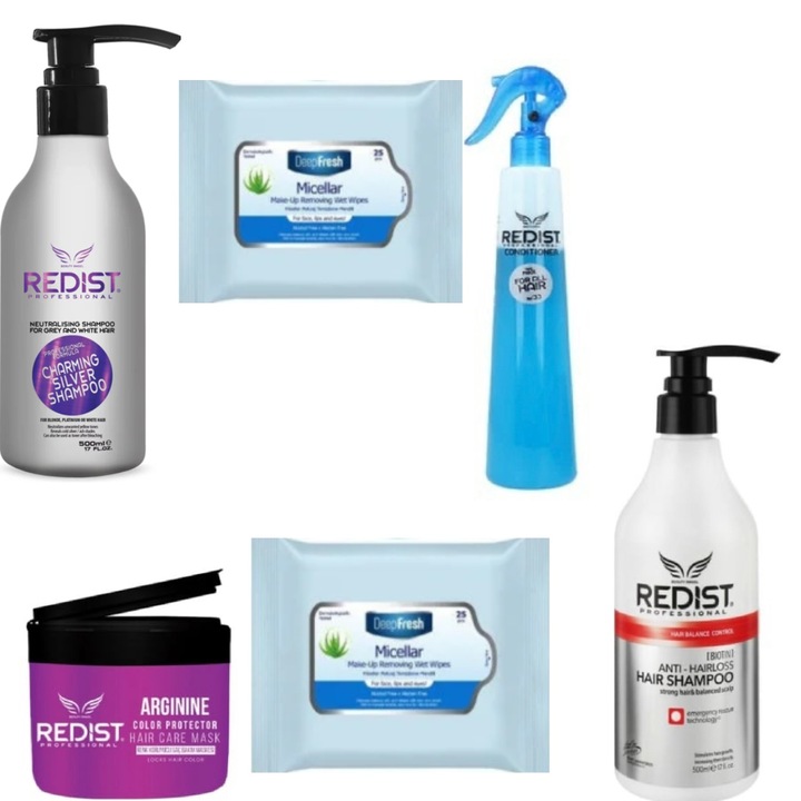 Set sampon nuantator si tratamente Redist, 500ml sampon anti cadere, 400ml balsam bifazic, 250ml masca, cadou servetele demachiante