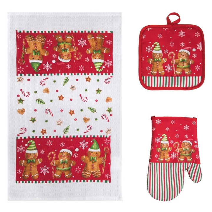 Set Manusa Servet Prosop de Bucatarie de Craciun Alb Rosu cu Model Om de Turta Dulce - 3 piese