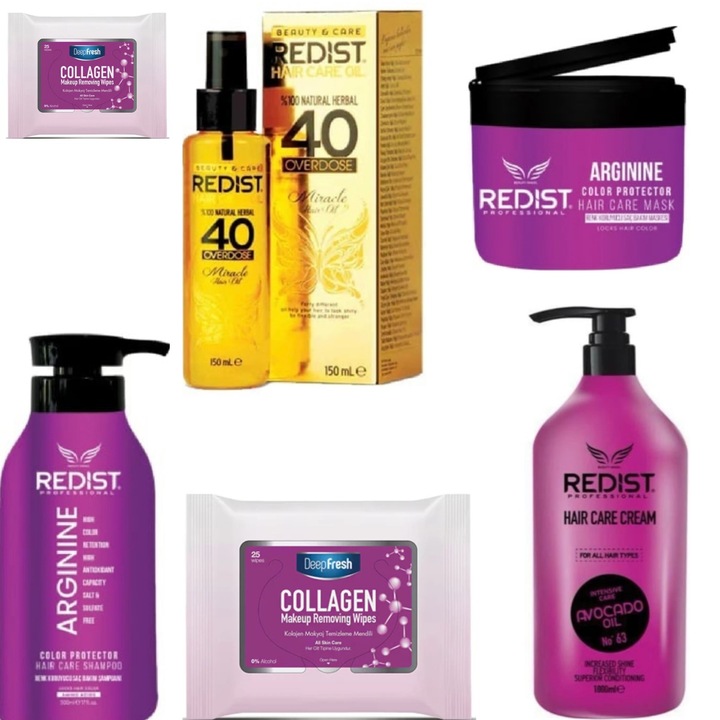 Set îngrijire păr Redist Arginina, șampon 500ml, balsam 100ml, mască 250ml, tratament 150ml, unisex, pentru păr vopsit