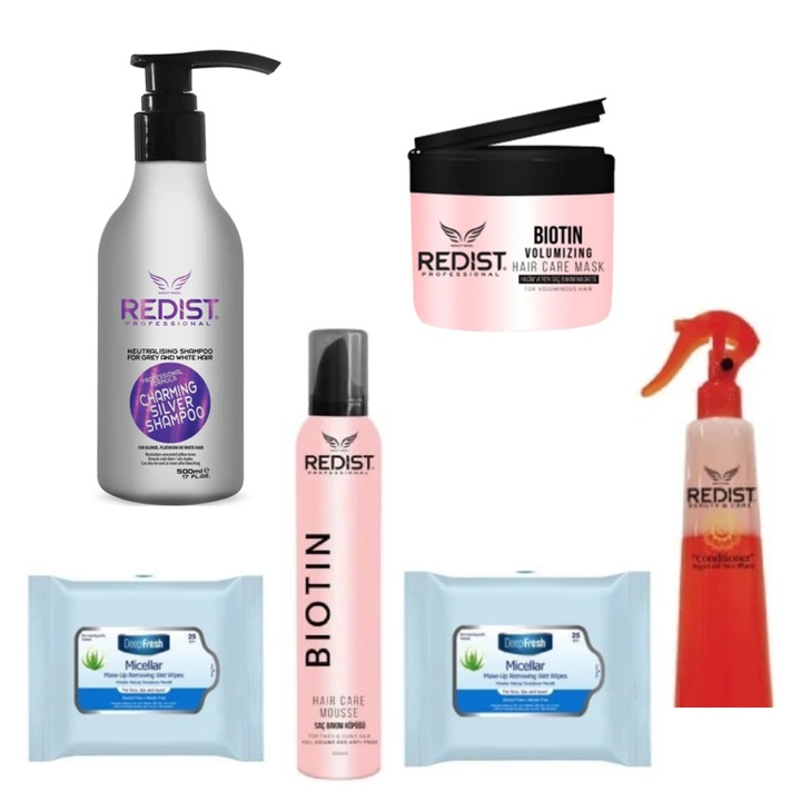 Set Sampon nuantator Silver 500ml, Balsam bifazic cu Argan 400ml, Masca cu Biotina 250ml, Fixativ 250ml, cadou 2 pachete servetele demachiante
