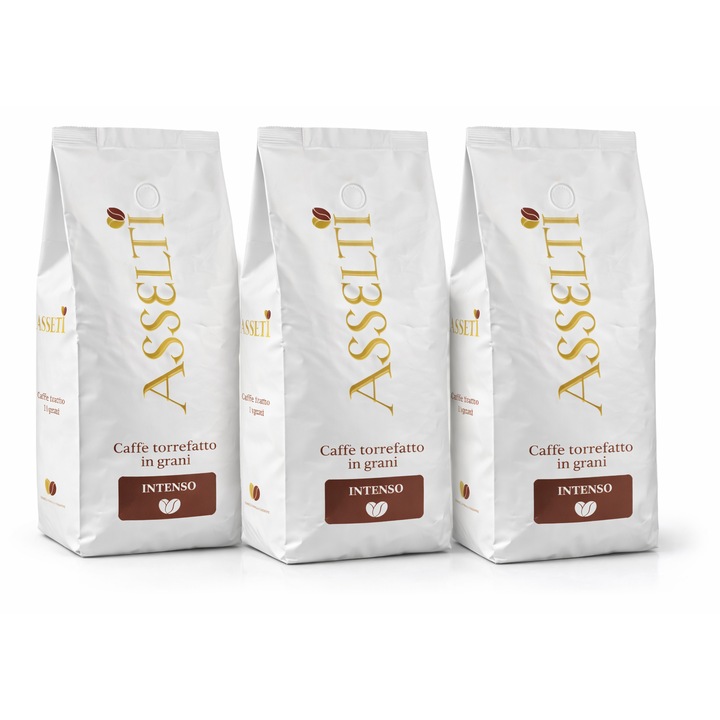 Set cafea boabe ASSELTI Intenso, 3 x 1 kg, prăjire italiană, gust ...