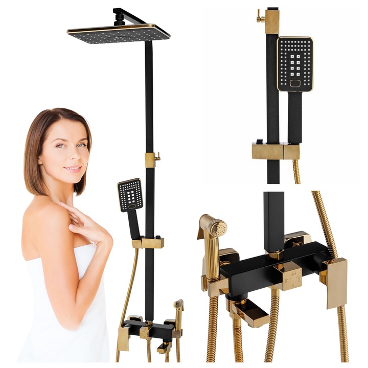 Set baterie dus cubo S-1067BG-TW, cu para patrata, montare perete, 3 functii de curgere a apei, dus tip, Negru/AURIU