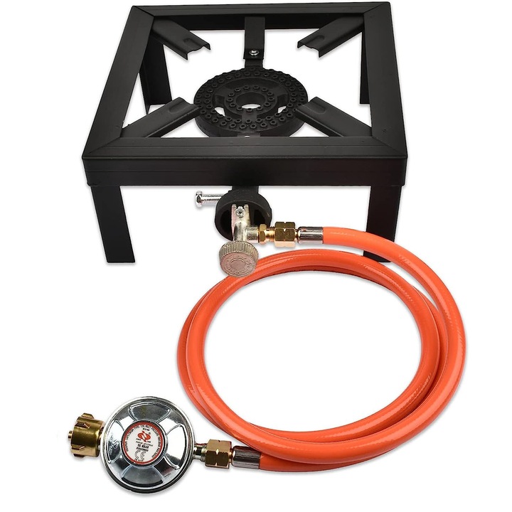 Set Arzător Camping, 8 kW, Negru, 25x25x11cm, cu Regulator și Furtun Gaz