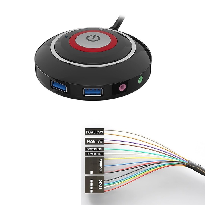 Comutator pornire pentru computer Switian, 2 porturi USB, priza audio, negru